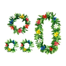 Hawaii szett, virágos (nyaklánc, fejkoszorú, karkötők)
