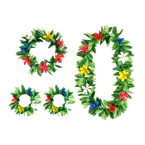 Hawaii szett, virágos (nyaklánc, fejkoszorú, karkötők)