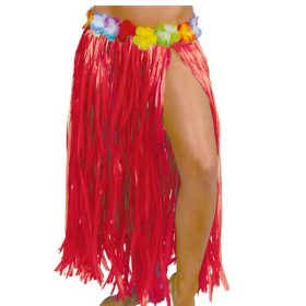 Hawaii szoknya virágokkal, piros szín, 75 cm