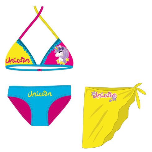 Unikornis fürdőruha szett - bikini háromszög felsőrésszel+szoknya kislányoknak - türkizkék-pink-sárga - 122