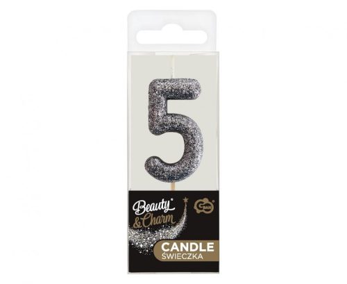 Fekete Glitter Black számgyertya, tortagyertya 5-ös