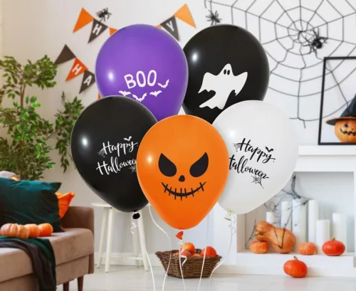 Halloween Happy léggömb, lufi 5 db-os 12 inch (30 cm)
