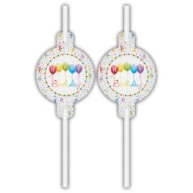 Happy Birthday Streamers papír szívószál 4 db-os szett