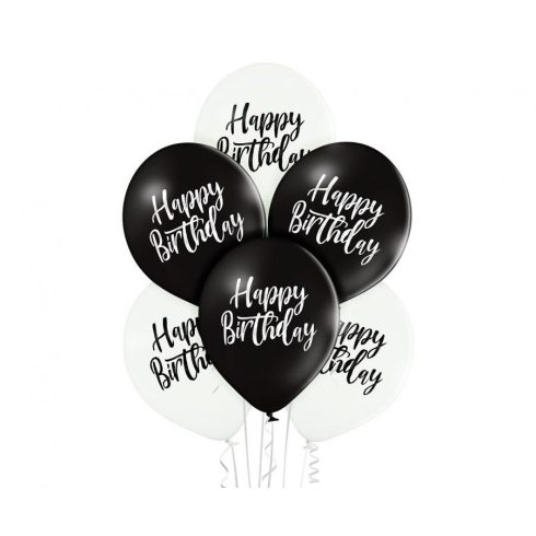 Black White Happy Birthday léggömb, lufi 6 db-os 12 inch (30cm)