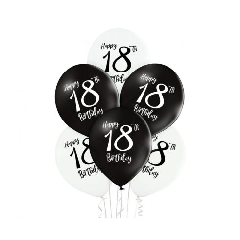 Black White Happy Birthday 18 léggömb, lufi 6 db-os 12 inch (30cm)