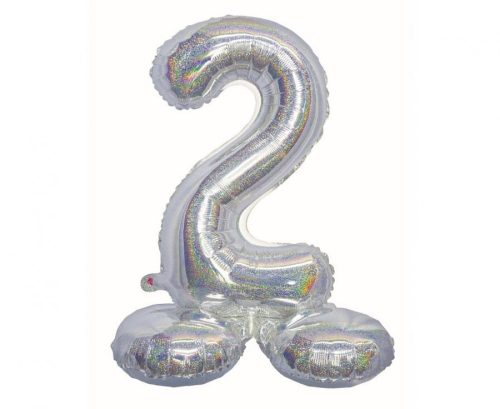 Ezüst Holographic Silver 2-es szám fólia lufi talppal 72 cm