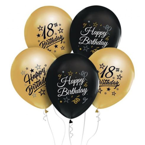 Színes Happy Birthday 18 Gold-Black léggömb, lufi 5 db-os 12 inch (30 cm)