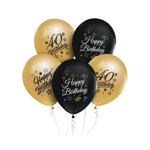 Színes Happy Birthday 40 Gold-Black léggömb. lufi 5 db-os 12 inch (30 cm)