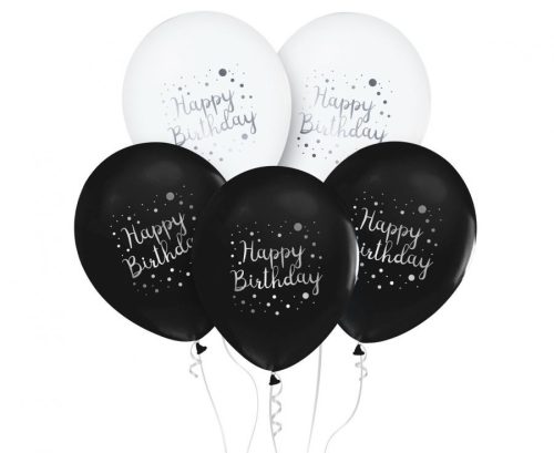 Happy Birthday Black léggömb, lufi 5 db-os 12 inch (30cm)