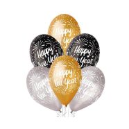   Happy New Year Gold Silver Black léggömb, lufi 6 db-os 12 inch (30 cm)