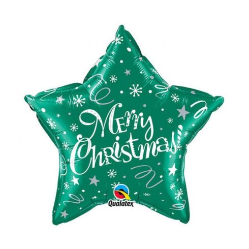 Merry Christmas Green Star, Karácsonyi fólia lufi 51 cm