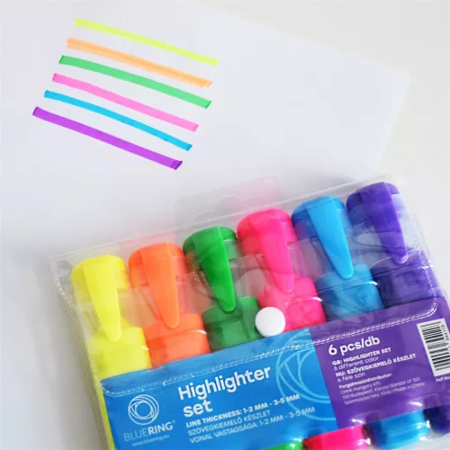Szövegkiemelő lapos testű készlet, Bluering® 6 klf. szín
