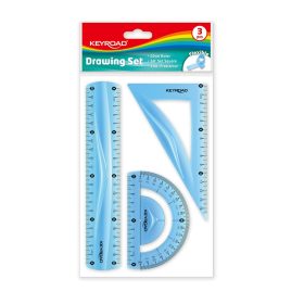   Vonalzókészlet, 20 cm, flexibilis vonalzó, szögmérő, derékszög vonalzó, 3 db/bliszter Keyroad vegyes színek