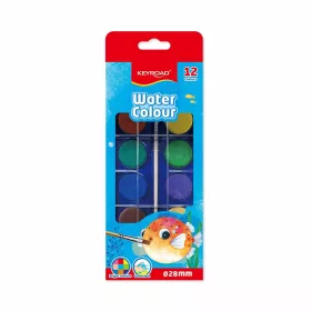   Vízfesték készlet, 12 db-os, 28 mm festékgombokkal, ecsettel, Keyroad