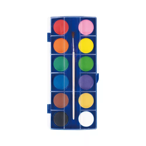 Vízfesték készlet, 12 db-os, 28 mm festékgombokkal, ecsettel, Keyroad