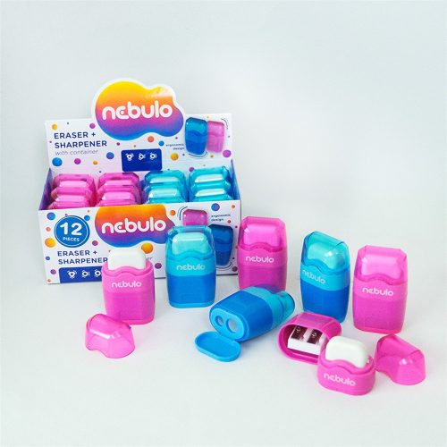 Hegyező 2 lyukú műanyag, tartályos+radír egyben 12 db/doboz, Nebulo vegyes színek