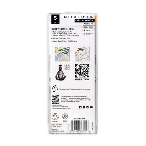 Szövegkiemelő készlet, 1,4/4 mm, kétvégű, Zebra Mildliner Highlighter Gentle, 5 különböző szín