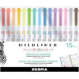   Szövegkiemelő készlet, 1,4/4 mm, kétvégű, Zebra Mildliner Highlighter, 15 különböző szín