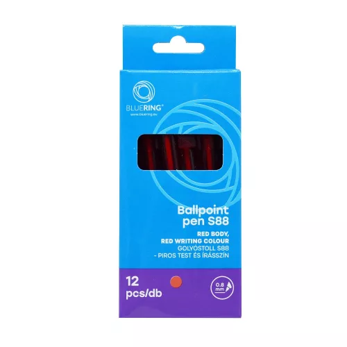 Golyóstoll 0,8mm, nyomógombos műanyag piros test, S88, Bluering® írásszín piros
