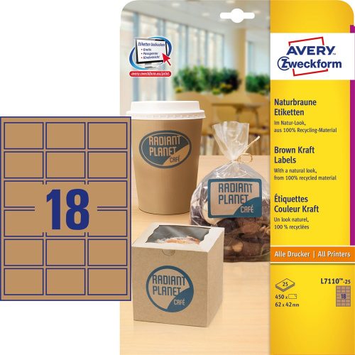 Etikett címke, 62 x42mm, környezetbarát 18 címke/lap, 25 lap/doboz, Avery barna