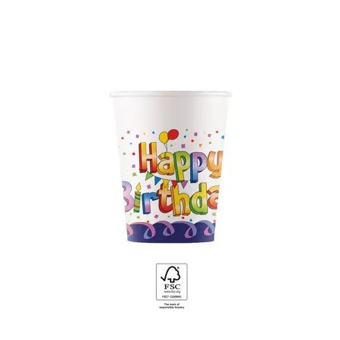 Happy Birthday Multicolor papír pohár 8 db-os 200 ml FSC