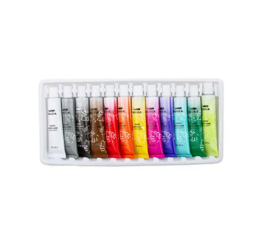 Akrilfesték készlet, 12 db-os, 12x12ml, alap színek, Kidea