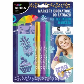   Tetováló filckészlet, 3 db filctoll (lila, türkiz, arany) sablonokkal, Kidea