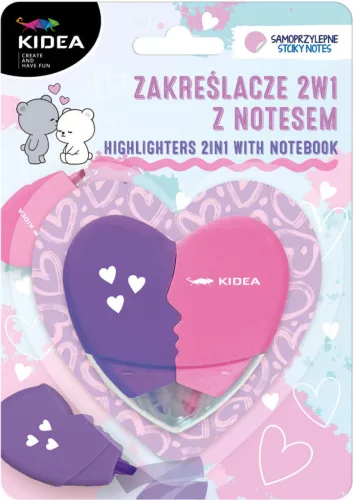 Szövegkiemelő készlet notesszel, szív alakú, 2 az 1-ben, kétféle, Kidea