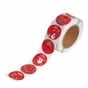   Karácsonyi matricák tekercsen, 2,5 cm széles, karácsonyi üdvözlet, piros matricák figurákkal, 500 db-os