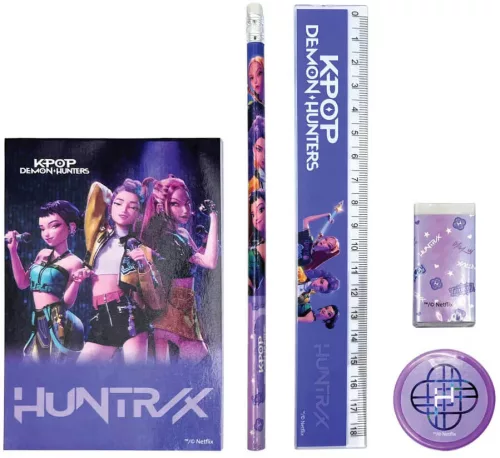 K-POP Démonvadászok írószer szett 5 db-os (vonalzó, ceruza, notesz, radír, hegyező)