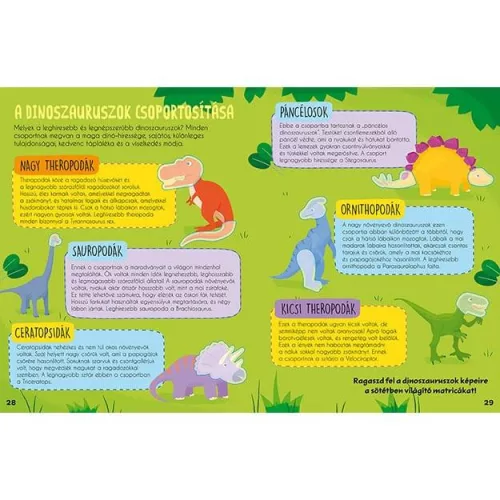 Világít a sötétben matricás könyv, A/4, 48 oldal+4 matricás lap (foszforeszkáló matricákkal is), Dinoszauruszok