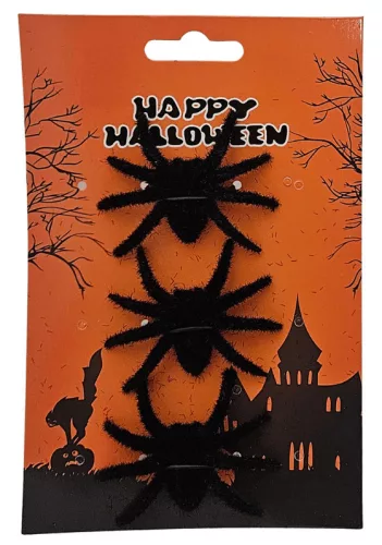 Halloweeni dekor pókok, szőrös, 3 db/csomag, kb. 5x7cm, fekete