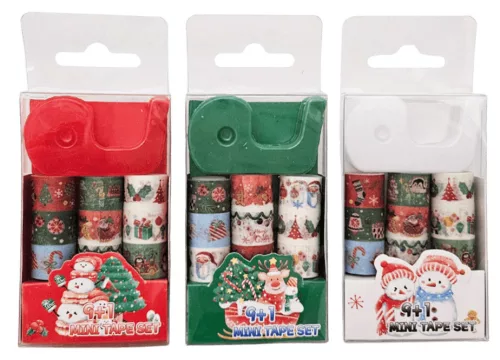 Karácsonyi mini mintás ragasztószalag, 9 db/csomag + mini tépő, többféle változat (5x8,5cm)