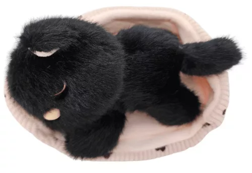 Illatos, cica plüssfigura ágyikóban, fekete, 15 cm hosszú