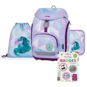   Unikornis ergonómikus hátizsák, iskolatáska tolltartóval és tornazsákkal, OXY Sherpy Unicorn, lila