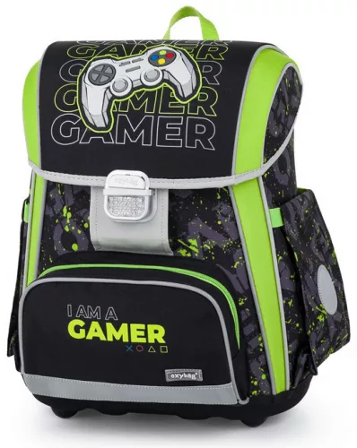 OXY Premium csatos iskolatáska szett tolltartóval és tornazsákkal, Gamer, zöld-fekete