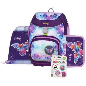  OXY Sherpy iskolatáska szett, hátizsák tolltartóval, tornazsákkal és extra díszekkel, Butterfly, kék-lila