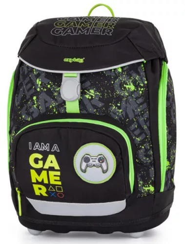 OXY Sherpy iskolatáska szett, hátizsák tolltartóval, tornazsákkal és extra díszekkel, Gamer, fekete