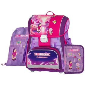   OXY Premium csatos iskolatáska szett tolltartóval és tornazsákkal, Playworld Girl, rózsaszín-lila