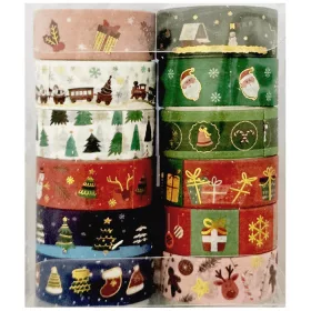   Karácsonyi washi tape 12 db/csomag, AL4210, zöld-piros-fehér-kék