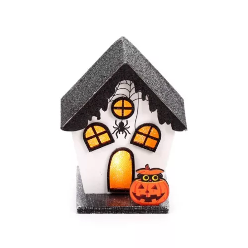 Halloweeni dekor házikó, LED-es, fehér-fekete, Kísérteties tök és pók, Spooky