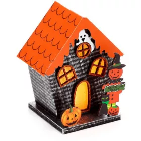   Halloweeni dekor házikó, LED-es, narancssárga, tök és szellem, Trick or Treat