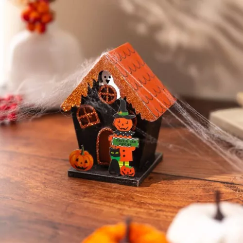 Halloweeni dekor házikó, LED-es, narancssárga, tök és szellem, Trick or Treat