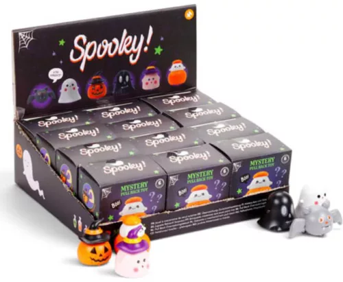 Halloweeni zsákbamacska felhúzhatós játék, kísérteties Spooky, 6 féle változat