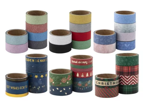 Öntapadós papírszalag, washi-tape, 2,5m, 6 db/csomag, karácsonyi, 6 féle változat