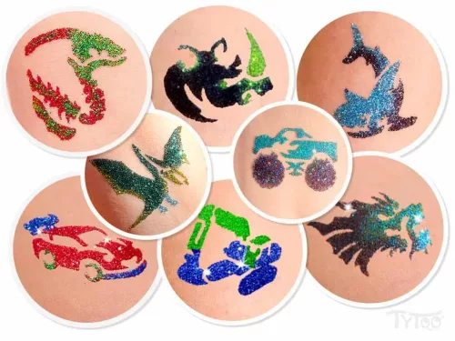 Csillámtetoválás FunkyGuyz szett (52 sablon, 6 csillámpor, 7 ml ragasztó, 2 ecset)