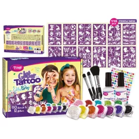   Csillámtetoválás GlitzParty szett (110 sablon, 12 csillámpor, 14 ml ragasztó, 3 ecset, strasszkő)