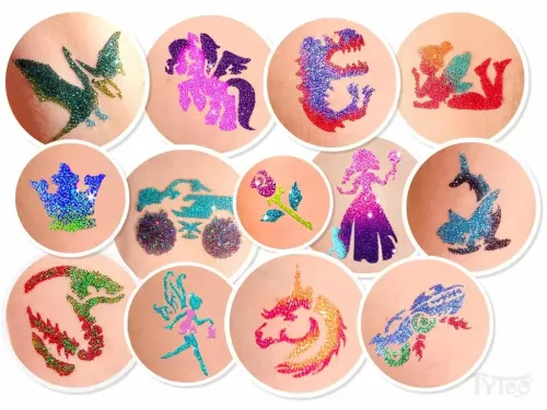 Csillámtetoválás GlitzParty szett (110 sablon, 12 csillámpor, 14 ml ragasztó, 3 ecset, strasszkő)