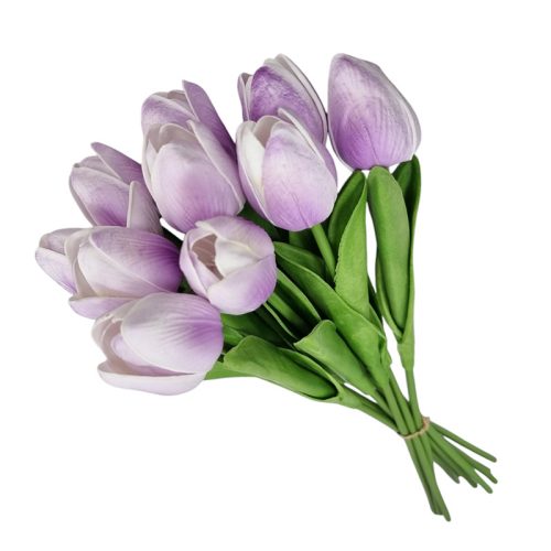 Szilikon tulipán 10 szál - Fehér lila árnyalattal